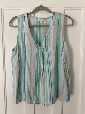 Linen Striped V-Neck Sleeveless Top - Pastel Multi